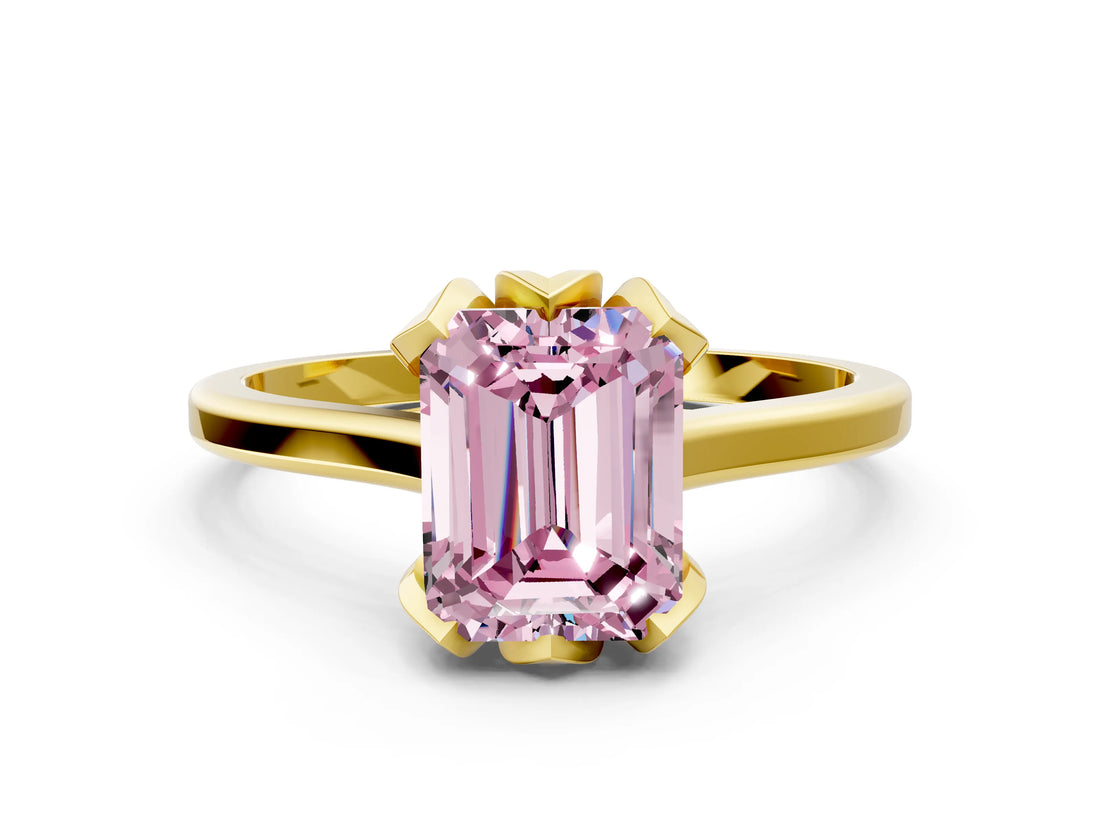 Yellow gold Fancy Pink Emerald Cut Diamond Solitaire Ring with Flower Prong Setting and Classic Band_36