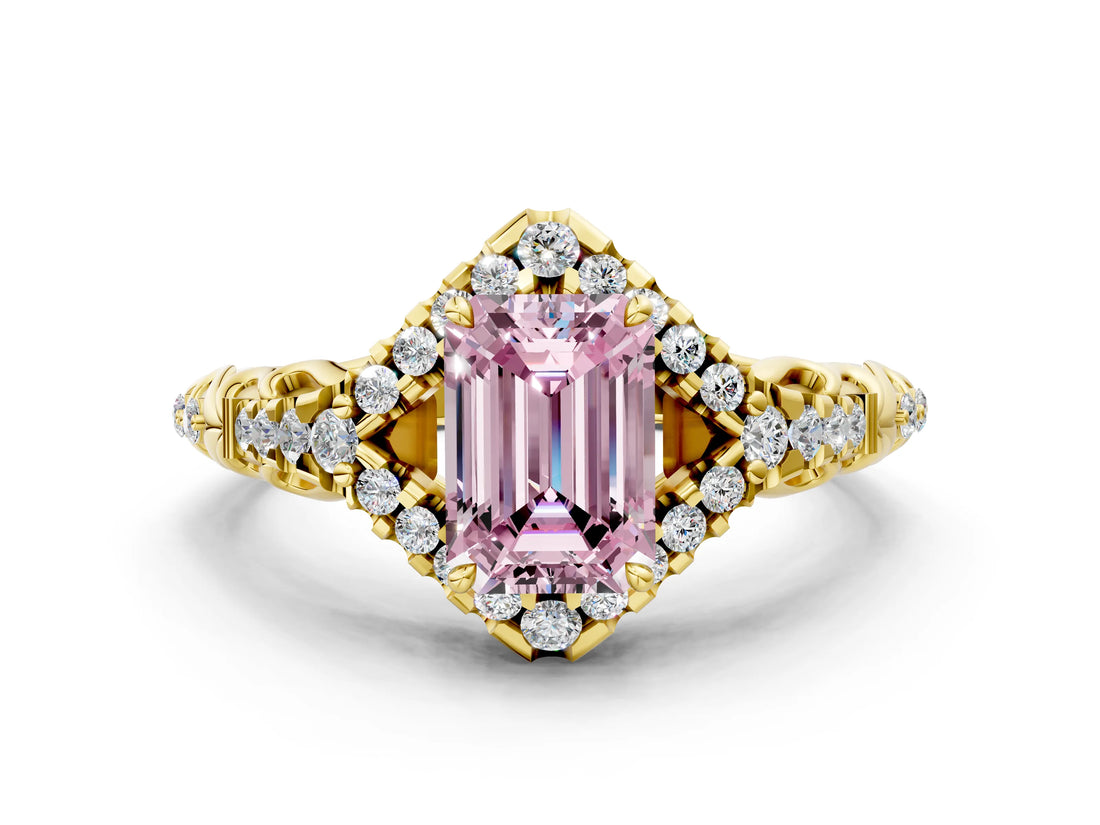 Yellow gold Fancy Pink Emerald Cut Diamond Solitaire Ring with Hidden Halo and Pavé Band_27