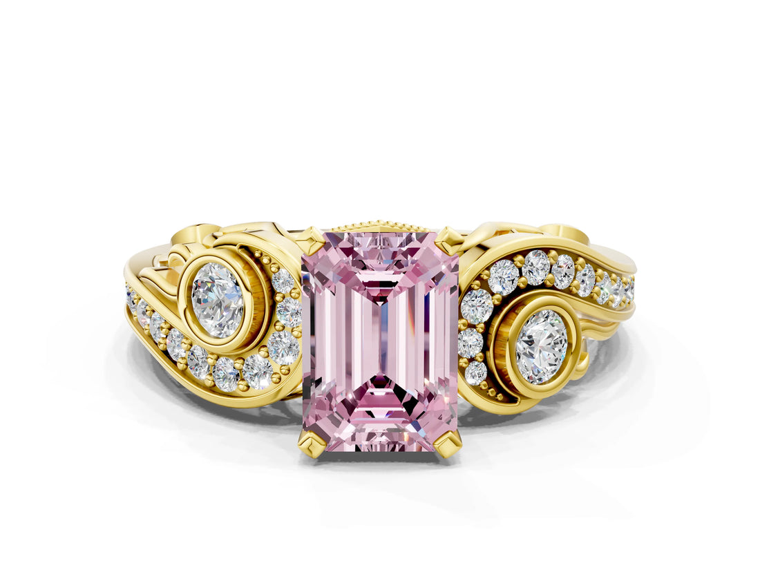 Yellow gold Fancy Pink Emerald Cut Diamond Solitaire Ring with Milgrain Pavé Band and Four-Prong Setting_167