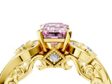 Yellow gold Fancy Pink Emerald Cut Diamond Solitaire Ring with Milgrain Pavé Band and Four-Prong Setting_171