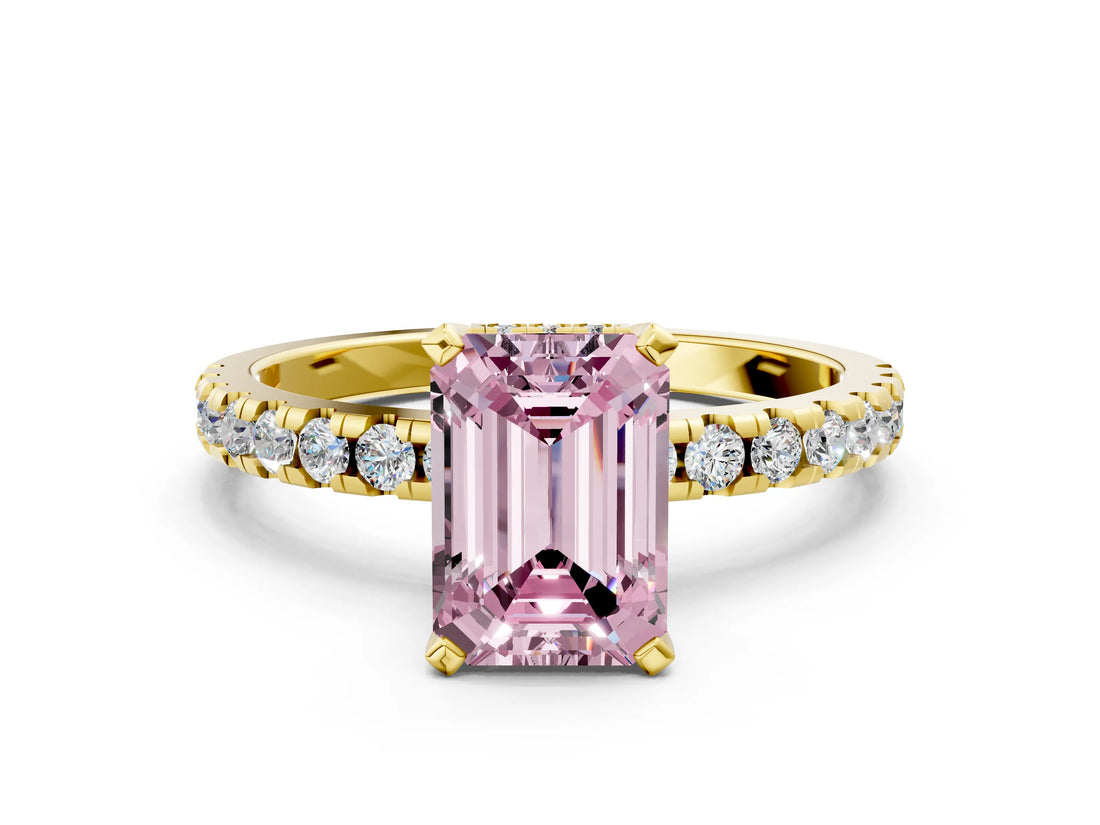 Yellow gold Fancy Pink Emerald Cut Diamond Solitaire Ring with Pavé Band and Four-Prong Setting_44