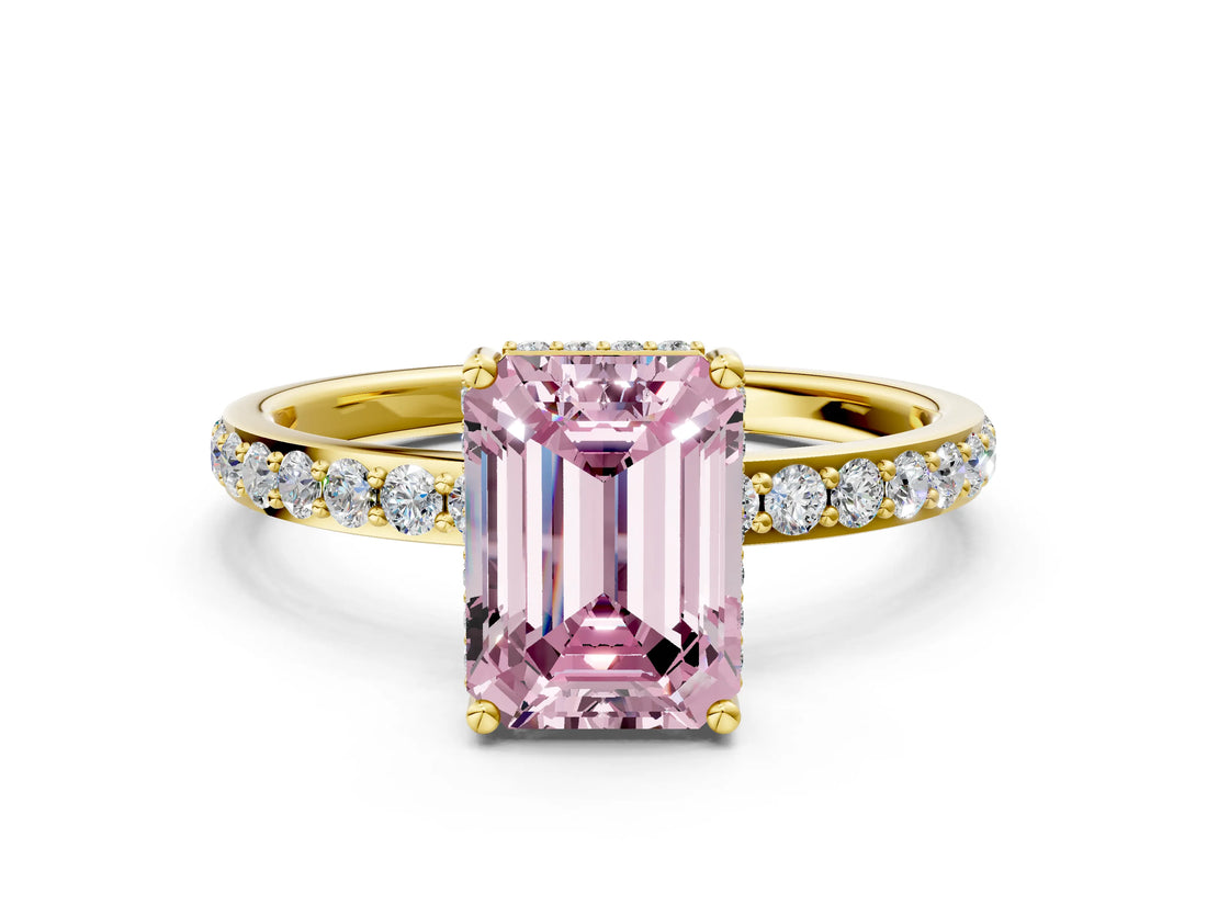 Yellow gold Fancy Pink Emerald Cut Diamond Solitaire Ring with Pavé Band and Hidden Halo_20