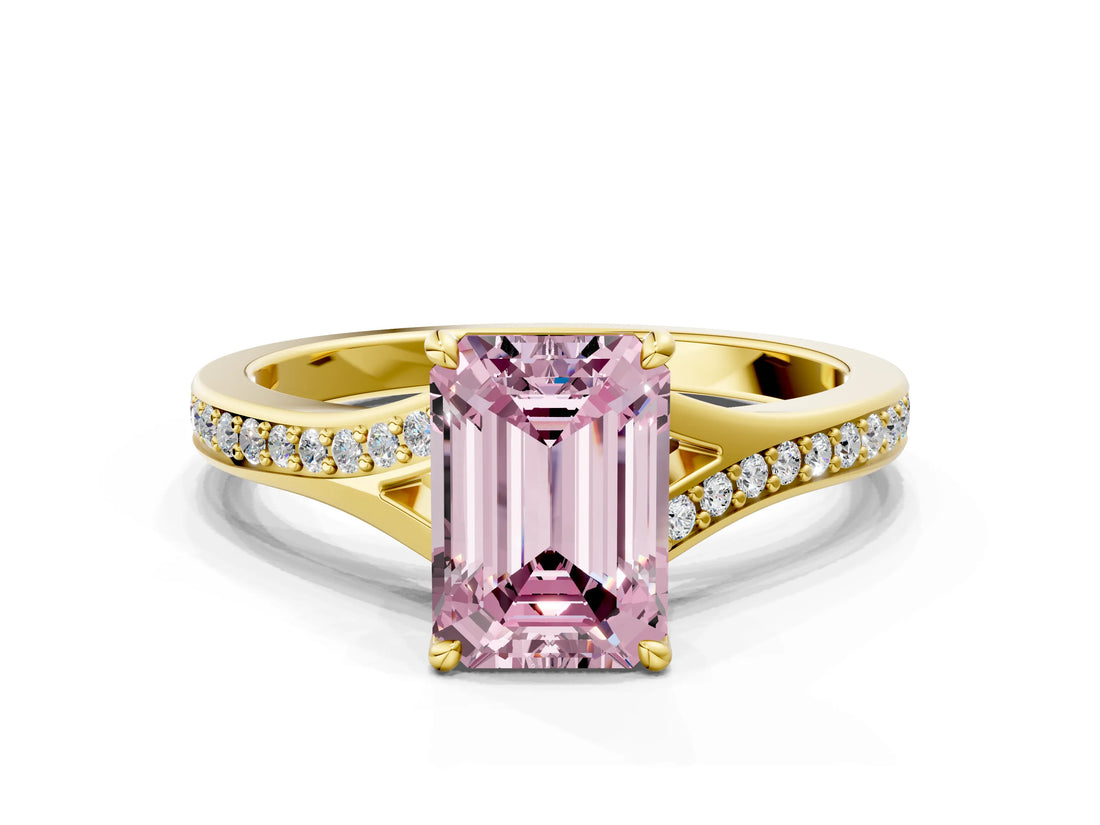 Yellow gold Fancy Pink Emerald Cut Diamond Solitaire Ring with Pavé Band and Prong Setting_12