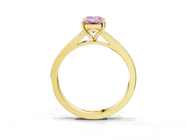 Yellow Gold Emerald Cut Pave Solitaire Engagement Ring Setting for Fancy Pink Center with Sweeping Shoulders