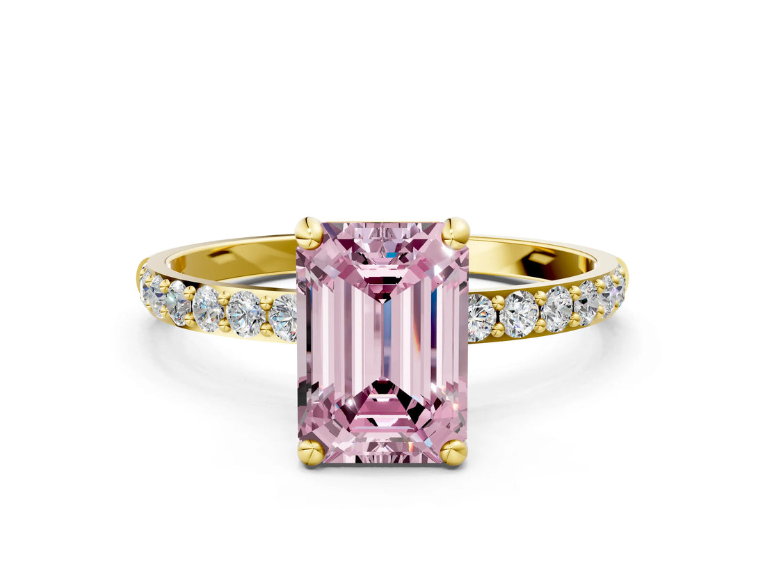 Yellow gold Fancy Pink Emerald Cut Diamond Solitaire Ring with Pave Band and Four Prong Setting_132