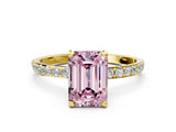 Yellow gold Fancy Pink Emerald Cut Diamond Solitaire Ring with Pave Band and Four Prong Setting_132