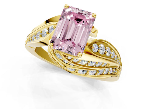 Yellow gold Fancy Pink Emerald Cut Diamond Solitaire Ring with Prong Setting and Twisted Pavé Band_1