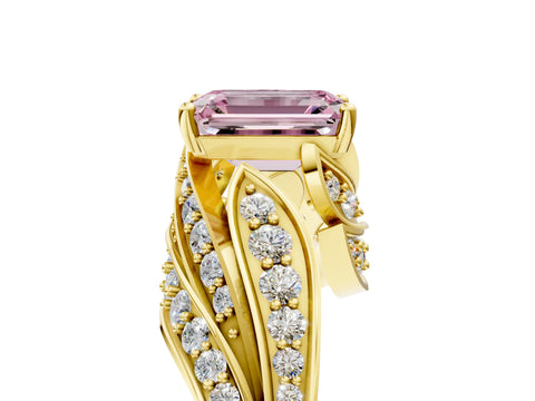 Yellow gold Fancy Pink Emerald Cut Diamond Solitaire Ring with Prong Setting and Twisted Pavé Band_5