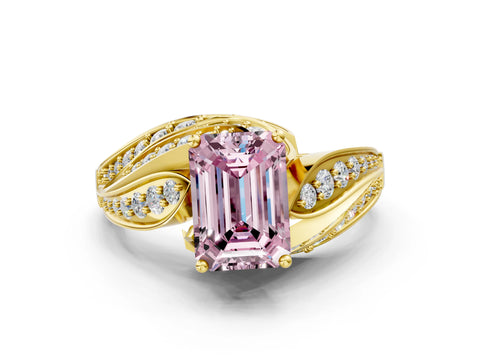 Yellow gold Fancy Pink Emerald Cut Diamond Solitaire Ring with Prong Setting and Twisted Pavé Band