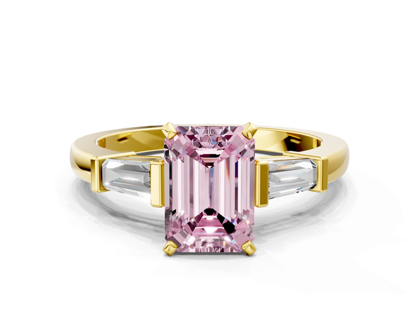 Yellow gold Fancy Pink Emerald  Cut Diamond Solitaire Ring with Tapered Baguette Accents and Four-Prong Setting