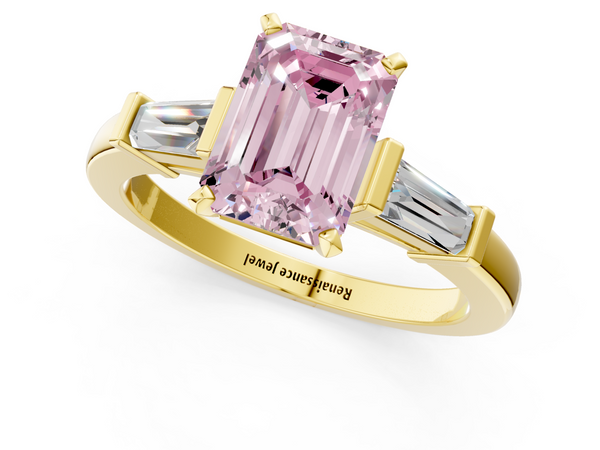 Yellow gold Fancy Pink Emerald  Cut Diamond Solitaire Ring with Tapered Baguette Accents and Four-Prong Setting