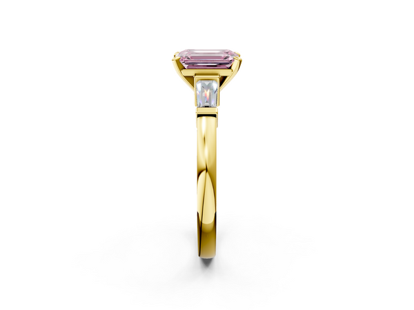 Yellow gold Fancy Pink Emerald  Cut Diamond Solitaire Ring with Tapered Baguette Accents and Four-Prong Setting