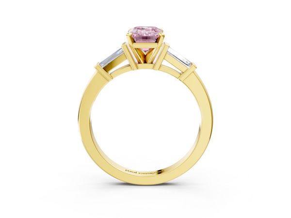 Yellow gold Fancy Pink Emerald  Cut Diamond Solitaire Ring with Tapered Baguette Accents and Four-Prong Setting