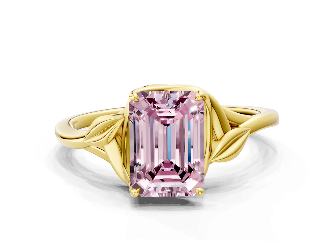 Yellow gold Fancy Pink Emerald Cut Diamond Solitaire Ring with Twist Band and Four-Prong Setting_57