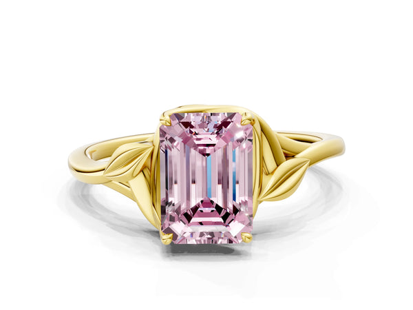 Yellow gold Fancy Pink Emerald Cut Diamond Solitaire Ring with Twist Band and Four-Prong Setting