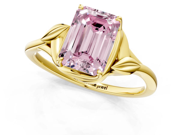 Yellow gold Fancy Pink Emerald Cut Diamond Solitaire Ring with Twist Band and Four-Prong Setting