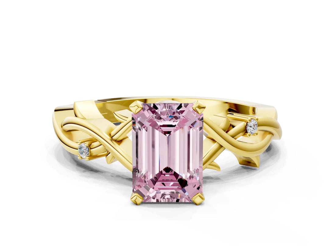 Yellow gold Fancy Pink Emerald Cut Diamond Solitaire Ring with Twisted Band and Prong Setting_200