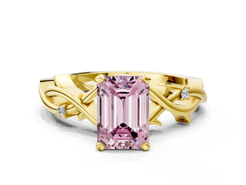 Yellow gold Fancy Pink Emerald Cut Diamond Solitaire Ring with Twisted Band and Prong Setting_200