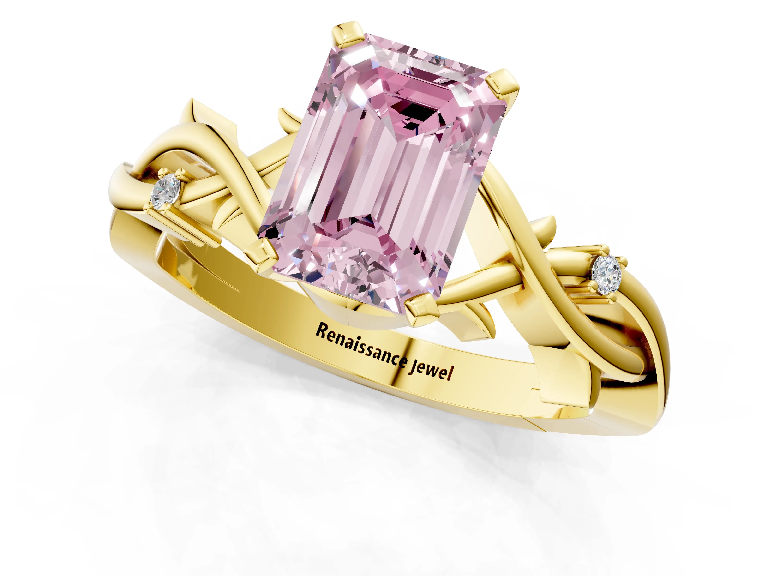 Yellow gold Fancy Pink Emerald Cut Diamond Solitaire Ring with Twisted Band and Prong Setting_201