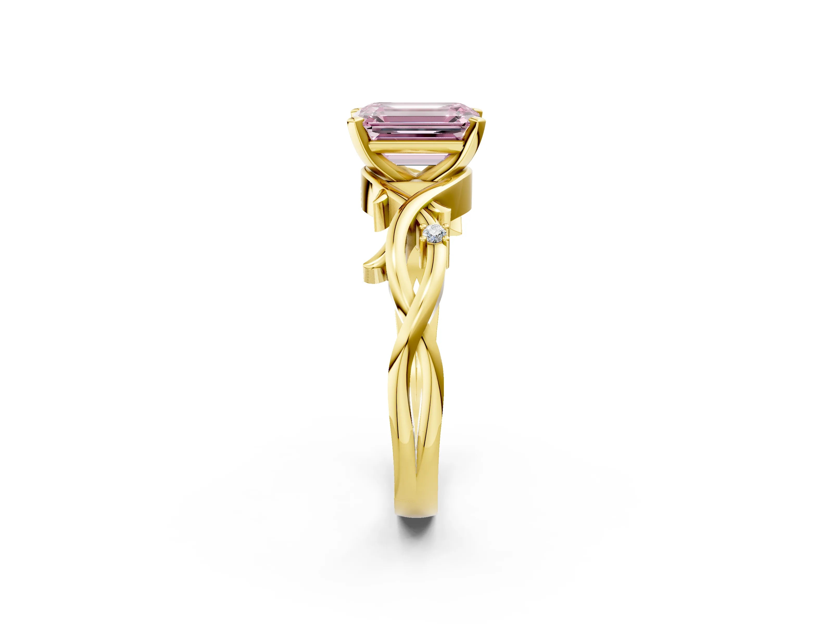 Yellow gold Fancy Pink Emerald Cut Diamond Solitaire Ring with Twisted Band and Prong Setting_202