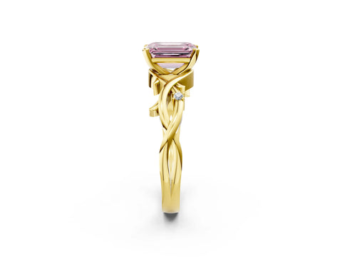 Yellow gold Fancy Pink Emerald Cut Diamond Solitaire Ring with Twisted Band and Prong Setting_202