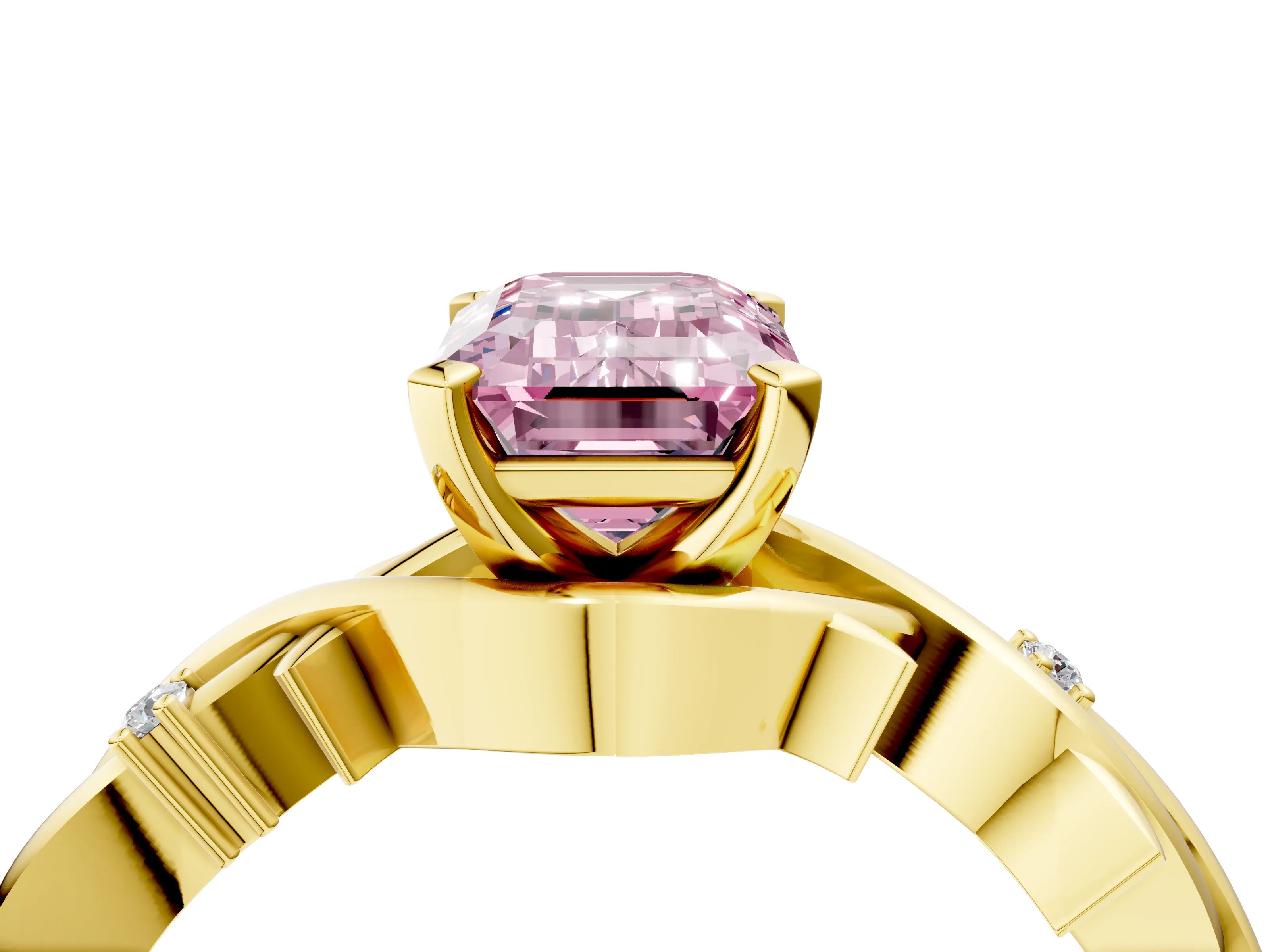 Yellow gold Fancy Pink Emerald Cut Diamond Solitaire Ring with Twisted Band and Prong Setting_204