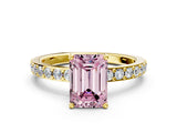 Yellow gold Fancy Pink Emerald  Cut Diamond Solitaire with Pave Band and Four-Prong Setting 1