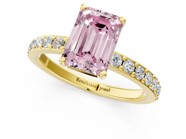 Yellow Gold Emerald Cut Solitaire Engagement Ring Setting for Fancy Pink Center with Round Pave Band