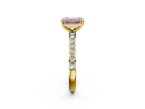Yellow Gold Emerald Cut Solitaire Engagement Ring Setting for Fancy Pink Center with Round Pave Band