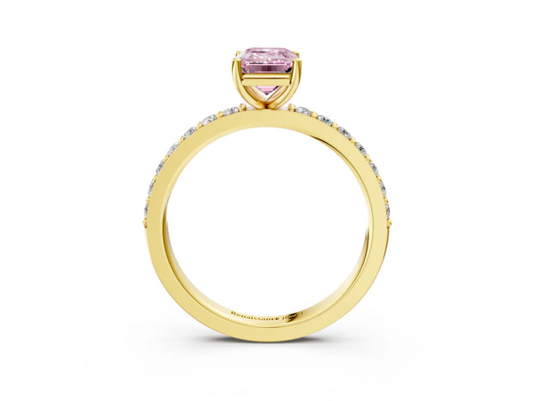 Yellow Gold Emerald Cut Solitaire Engagement Ring Setting for Fancy Pink Center with Round Pave Band
