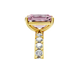 Yellow gold Fancy Pink Emerald  Cut Diamond Solitaire with Pave Band and Four-Prong Setting