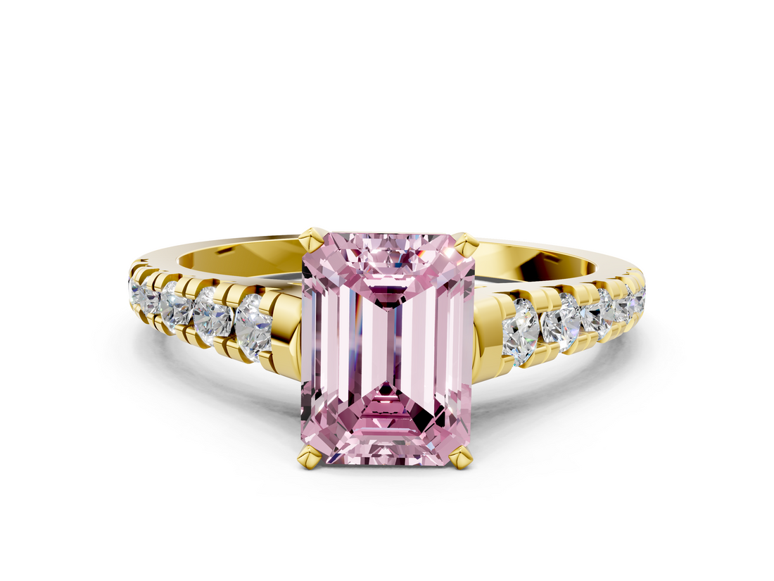 Yellow gold Fancy Pink Emerald  Cut Diamond Solitaire with Pave Band and Four-Prong Setting_126