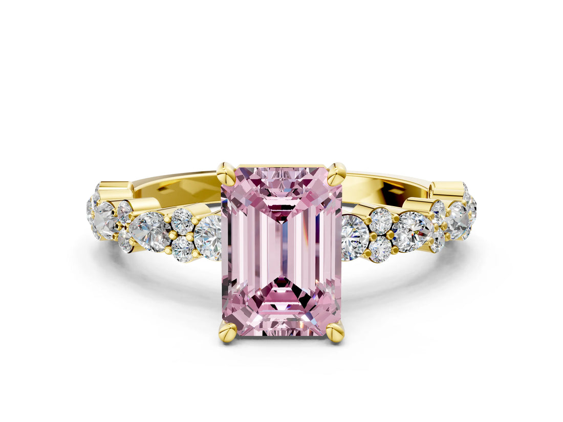 Yellow gold Fancy Pink Emerald Cut Diamond Solitaire with Side Stones, Pave Band, Four-Prong Setting_101
