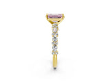 Yellow gold Fancy Pink Emerald Cut Diamond Solitaire with Side Stones, Pave Band, Four-Prong Setting_103