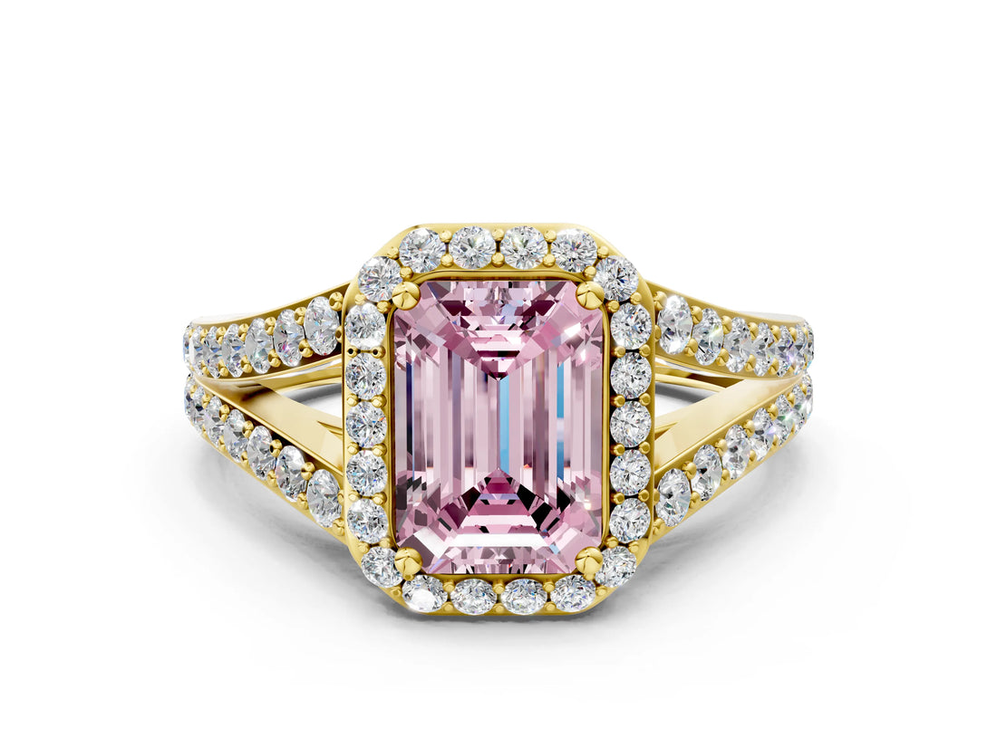 Yellow gold Fancy Pink Emerald Cut Diamond Split Shank Halo Ring with Four-Prong Setting_41