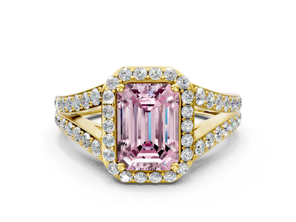 Yellow Gold Emerald Cut Halo Engagement Ring Setting for Fancy Pink Center with Narrow Pave Split Shank