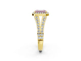 Yellow gold Fancy Pink Emerald Cut Diamond Split Shank Halo Ring with Four-Prong Setting_43