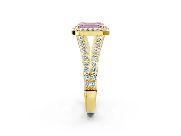 Yellow Gold Emerald Cut Halo Engagement Ring Setting for Fancy Pink Center with Narrow Pave Split Shank