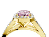 Yellow gold Fancy Pink Emerald Cut Diamond Split Shank Halo Ring with Four-Prong Setting_45