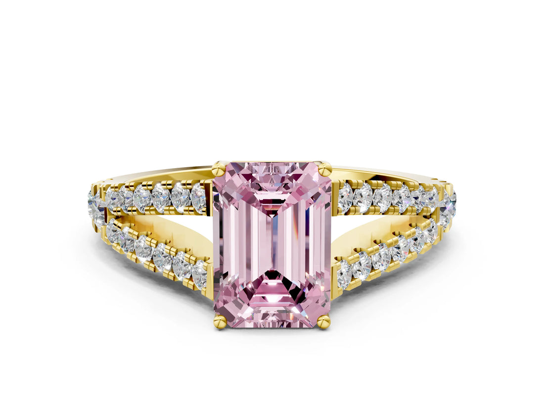Yellow gold Fancy Pink Emerald Cut Diamond Split Shank Pavé Engagement Ring with Four-Prong Setting_73
