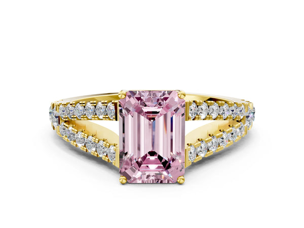 Yellow Gold Emerald Cut Graduated Split Shank Engagement Ring Setting for Fancy Pink Center