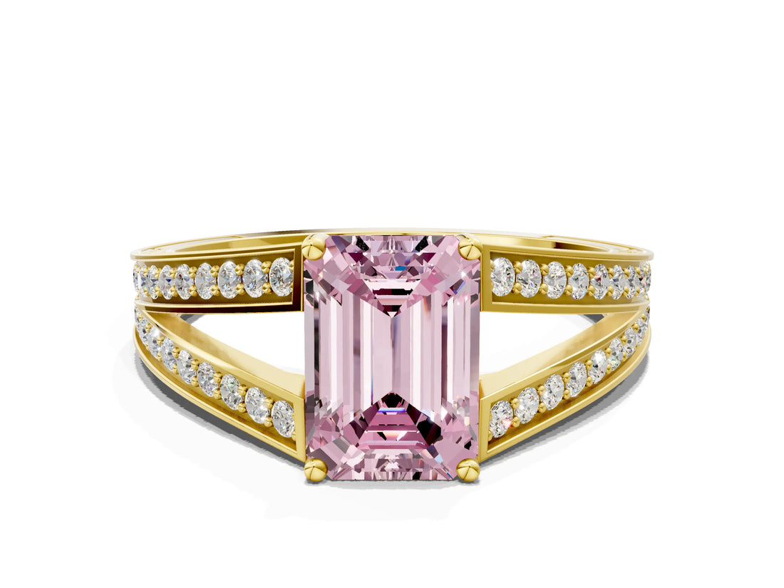 Yellow gold Fancy Pink Emerald Cut Diamond Split Shank Ring with Pavé Band and Four-Prong Setting_58
