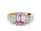 Yellow gold Fancy Pink Emerald Cut Diamond Three-Stone Engagement Ring with Prong Setting and Pavé Band