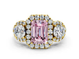 Yellow gold Fancy Pink Emerald Cut Diamond Three-Stone Halo Ring with Prong Setting and Pavé Accents