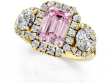Yellow gold Fancy Pink Emerald Cut Diamond Three-Stone Halo Ring with Prong Setting and Pavé Accents_1