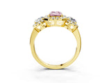 Yellow gold Fancy Pink Emerald Cut Diamond Three-Stone Halo Ring with Prong Setting and Pavé Accents_3