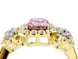 Yellow gold Fancy Pink Emerald Cut Diamond Three-Stone Halo Ring with Prong Setting and Pavé Accents_4