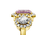 Yellow gold Fancy Pink Emerald Cut Diamond Three-Stone Halo Ring with Prong Setting and Pavé Accents_5