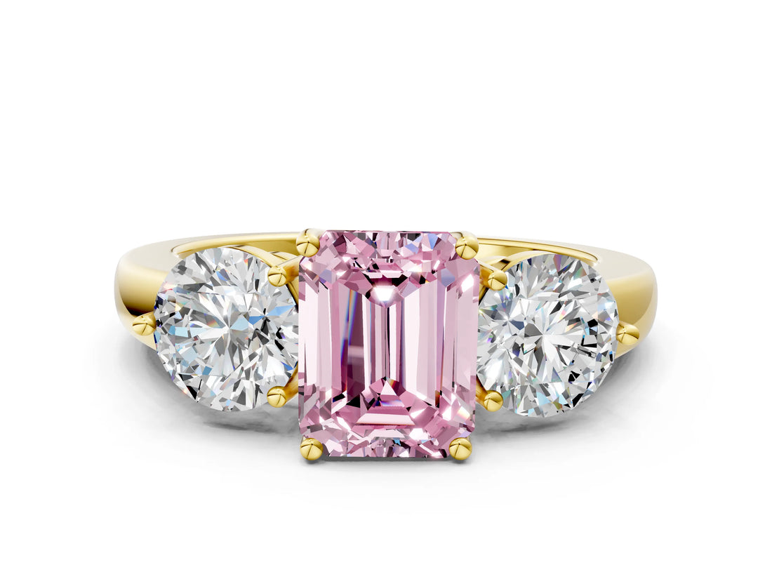 Yellow gold Fancy Pink Emerald Cut Diamond Three-Stone Ring with Prong Setting and Classic Band_121