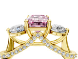 Yellow gold Fancy Pink Emerald Cut Diamond Three-Stone Ring with Prong Setting and Pavé Band_4